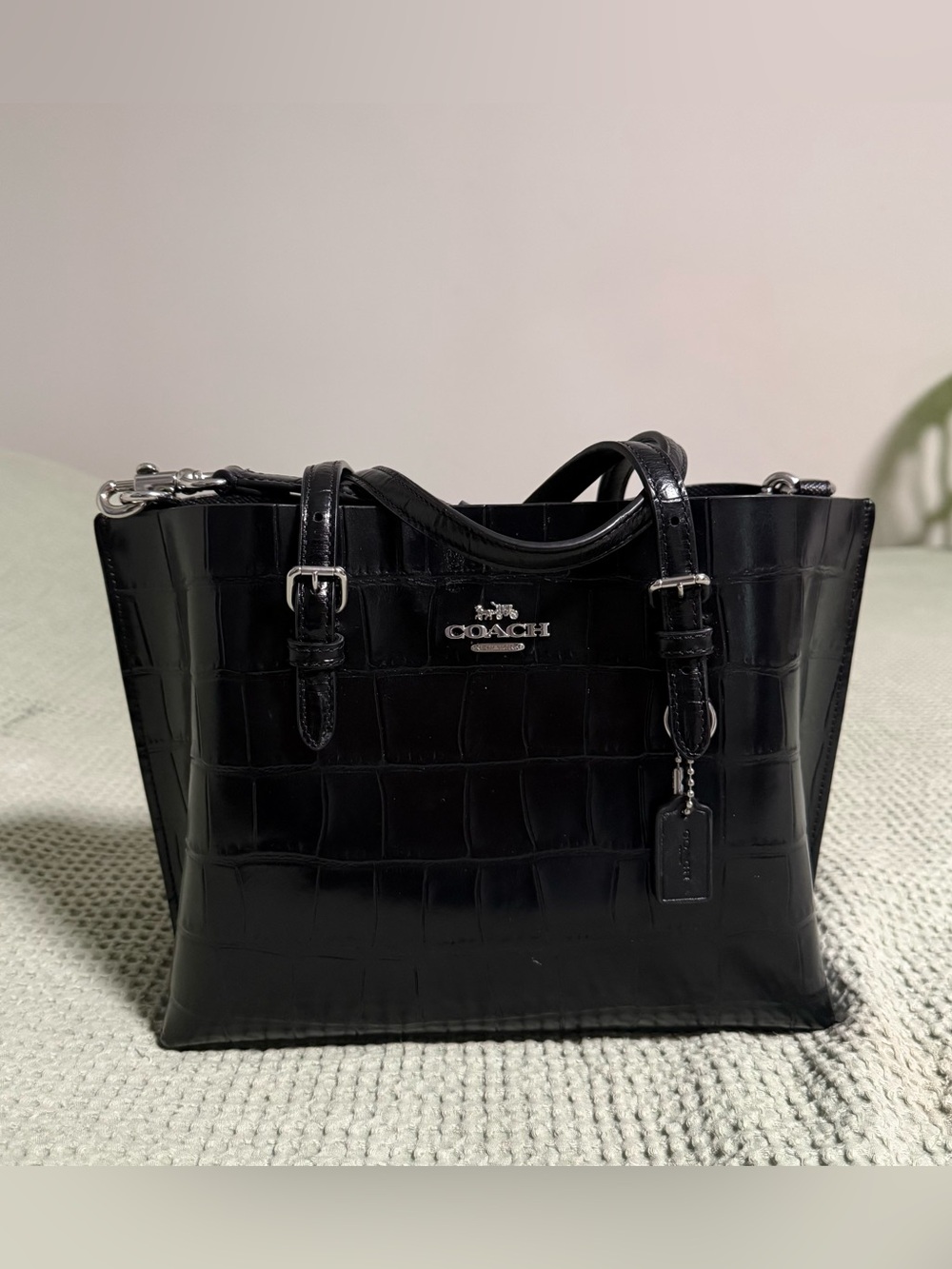 COACH Black Croc Embossed Mollie Tote Bag
25 with straps